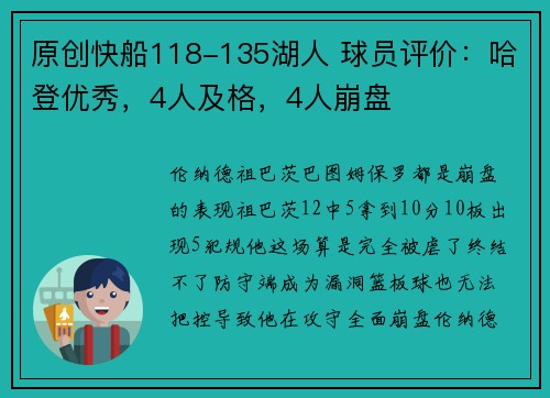 原创快船118-135湖人 球员评价：哈登优秀，4人及格，4人崩盘